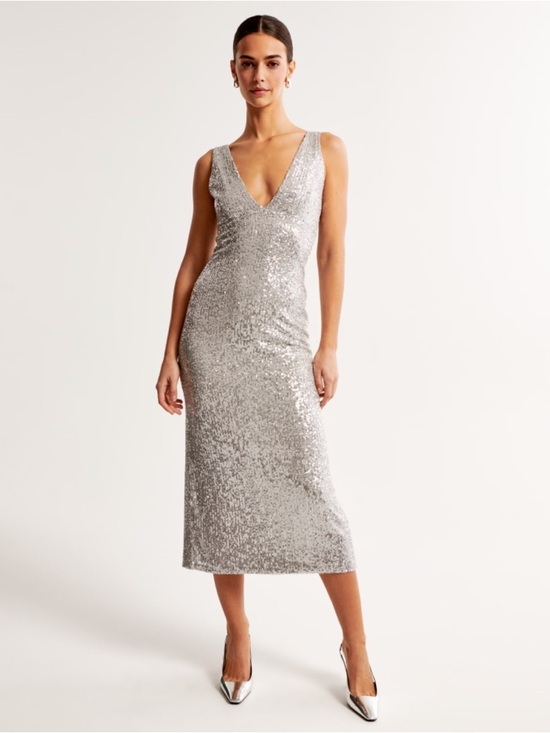Abercrombie & Fitch Dresses & Skirts - Abercrombie & Fitch Silver Sequin Plunge V-Neck Midi Dress